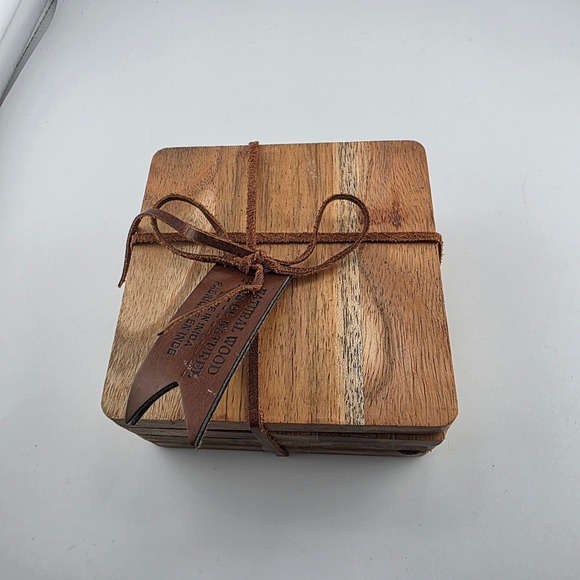 Natural Wood‎ Coasters Set of 4 Square Drink Coasters with Leather Tie - Picture 1 of 5